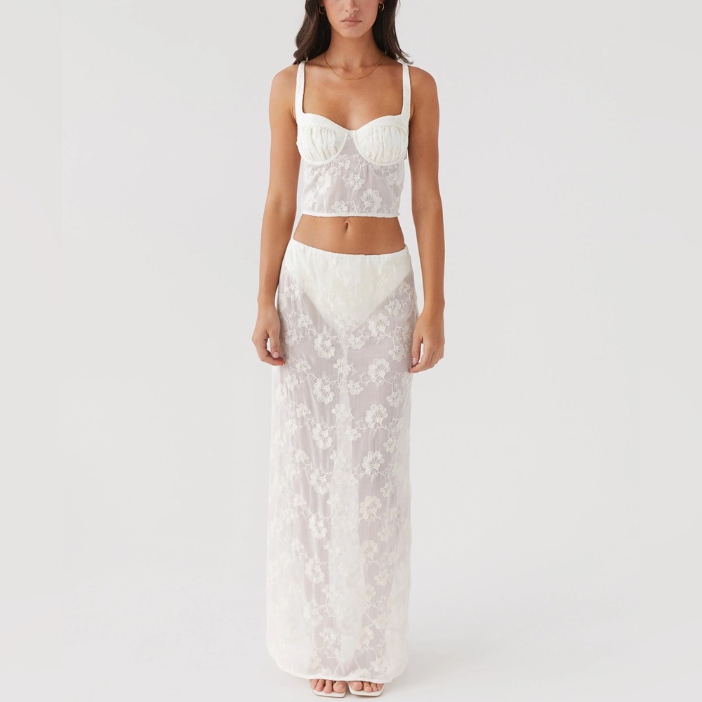 Peppermayo White Lace Maxi Skirt and Matching Bustier Top